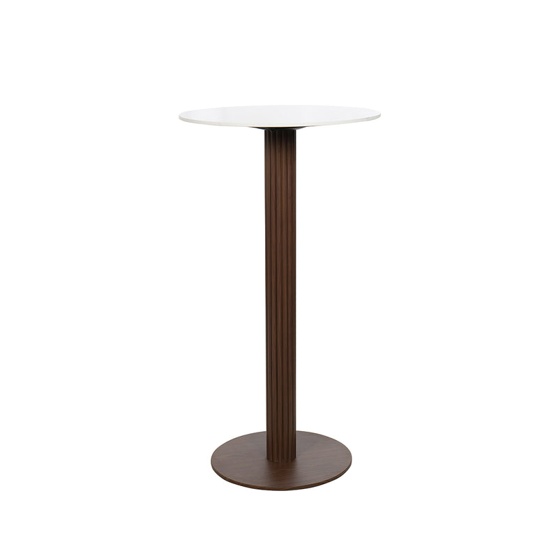 MESA DE BAR TOPE ESTILO CERAMICA BEIGE Y BASE ACABADO DE MADERA