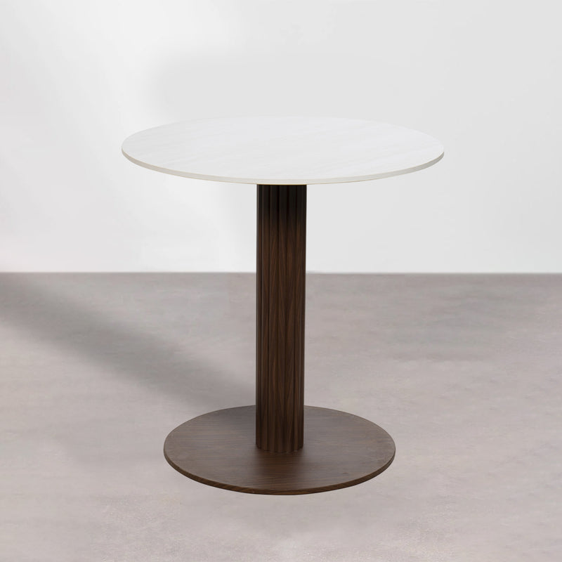 MESA DE BAR TOPE ESTILO CERAMICA BEIGE Y BASE ACABADO DE MADERA