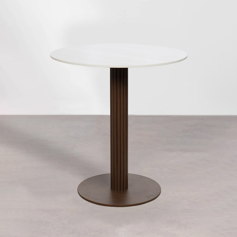 MESA DE BAR TOPE ESTILO CERAMICA BEIGE Y BASE ACABADO DE MADERA
