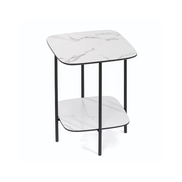 MESA LATERAL TOPE ESTILO MARMOL BLANCO Y PATAS NEGRAS
