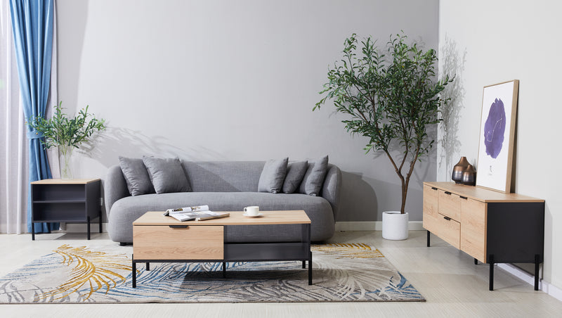 MESA DE TV ACABADO DE MADERA NATURAL Y GRIS