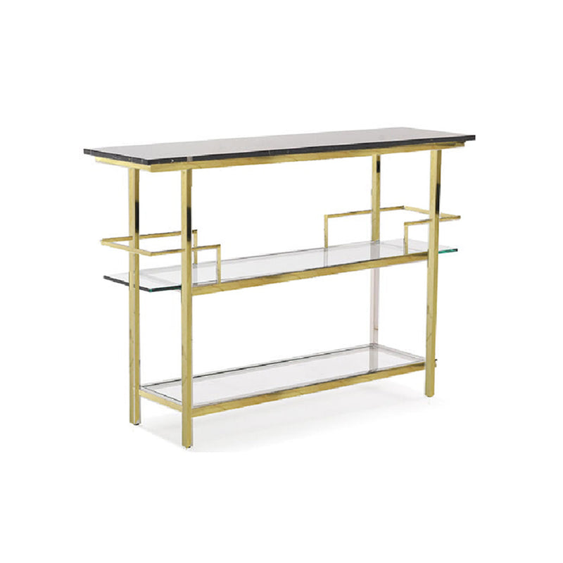 CONSOLA CON ESTANTE DE VIDRIO TRANSPARENTE Y BASE DORADA