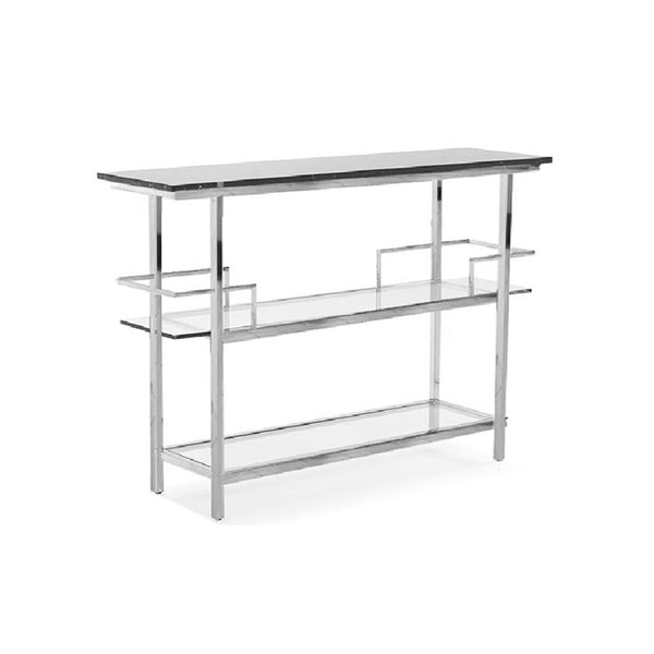 CONSOLA CON ESTANTE DE VIDRIO TRANSPARENTE Y BASE PLATEADA