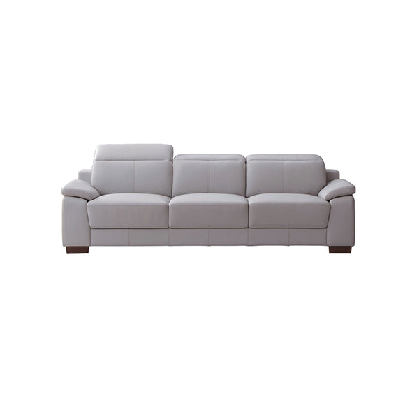 SOFA ESTACIONARIO DE TRES ASIENTOS EN FRENTE DE PIEL GRIS Y PATAS NEGRAS