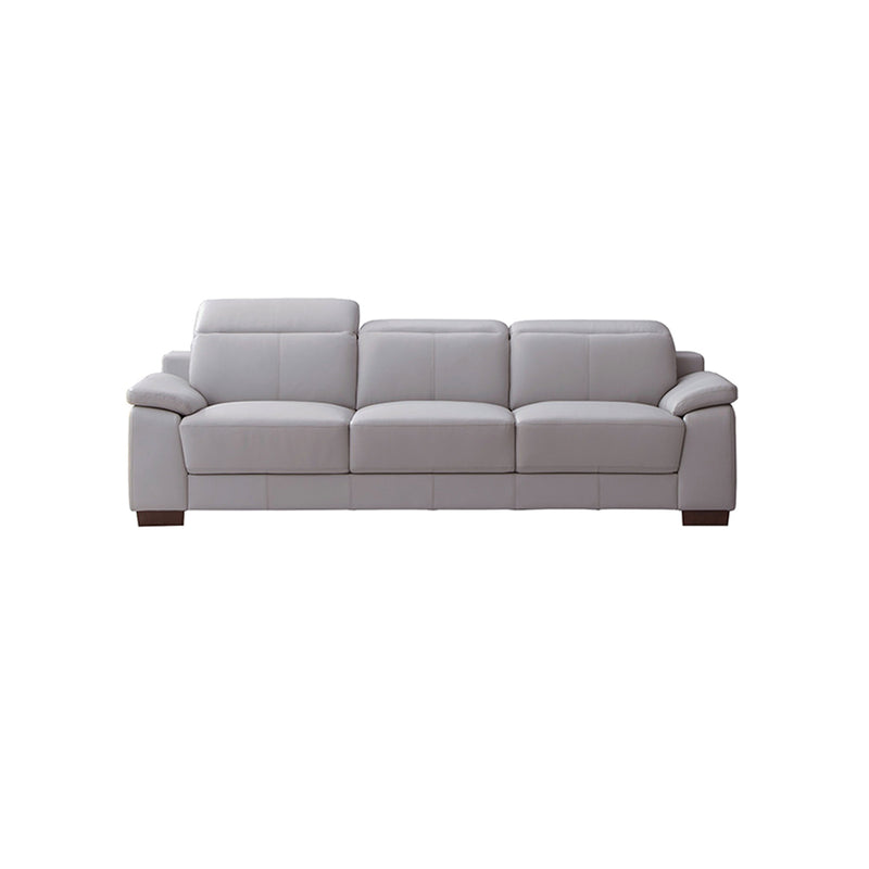 SOFA ESTACIONARIO DE TRES ASIENTOS EN FRENTE DE PIEL GRIS Y PATAS NEGRAS