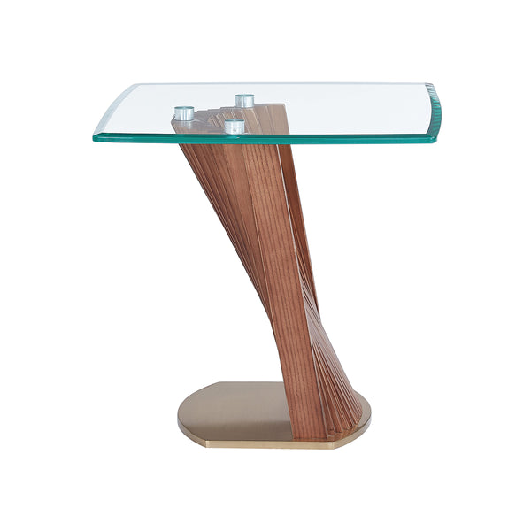 MESA LATERAL CON TOPE DE VIDRIO Y BASE ACABADO DE MADERA