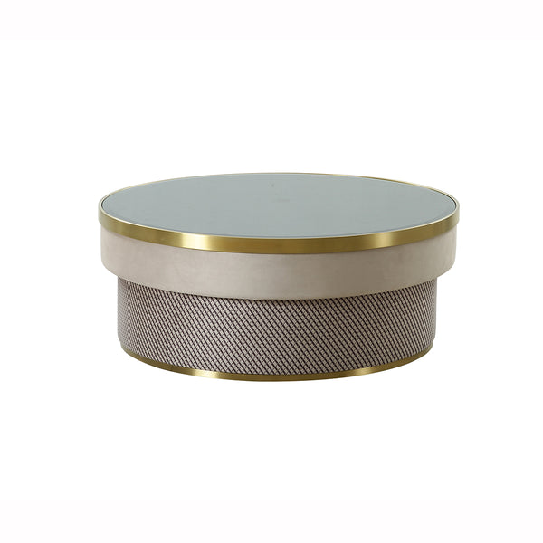 MESA DE CENTRO CON TOPE DE VIDRIO NEGRO Y BASE EN TELA SUAVE MARRON GRISACEO