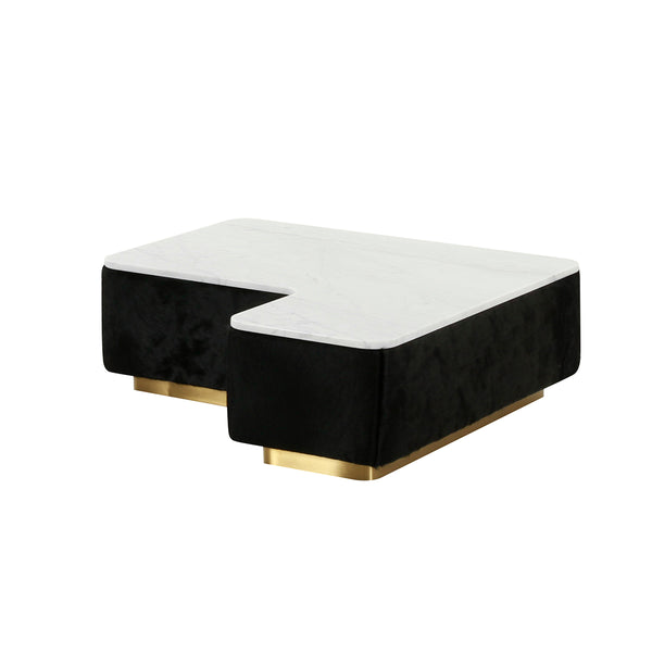 MESA LATERAL CON TOPE ESTILO MARMOL BLANCO Y BASE NEGRA CON MARCO DORADO