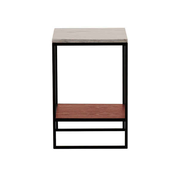 MESA LATERAL TOPE ESTILO MARMOL Y BASE ACABADO DE MADERA Y METAL