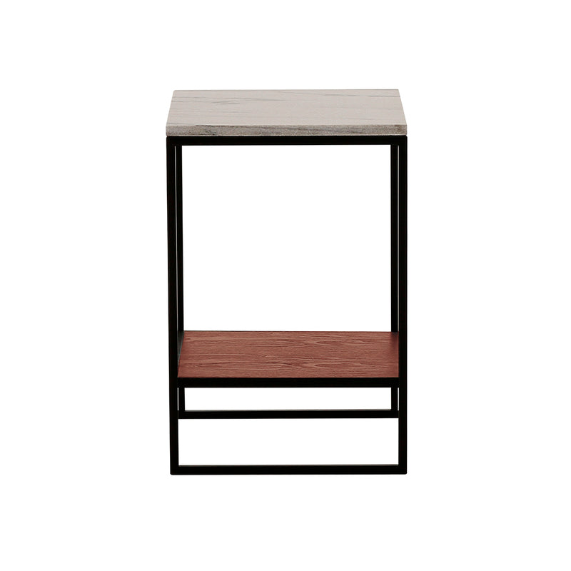 MESA LATERAL TOPE ESTILO MARMOL Y BASE ACABADO DE MADERA Y METAL