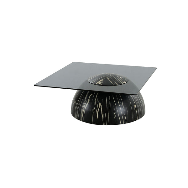MESA DE CENTRO TOPE DE VIDRIO AHUMADO Y BASE DE RAYAS