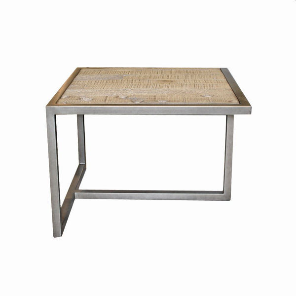 MESA DE CENTRO EN MADERA ENVEJECIDA Y ACABADO ANTIGUO CON BASE DE METAL
