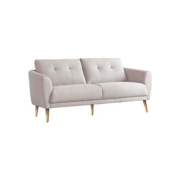 SOFA ESTACONARIO DE TRES ASIENTOS EN TELA BEIGE Y PATAS ACABADO MADERA NATURAL