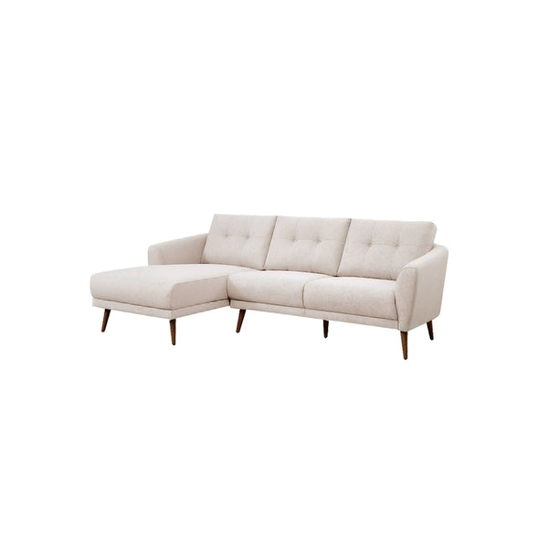 SOFA SECCIONAL ESTACIONARIO EN TELA BEIGE Y PATAS MARRONES