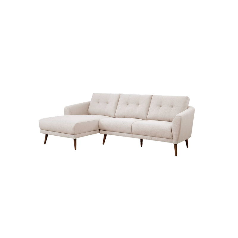 SOFA SECCIONAL ESTACIONARIO EN TELA BEIGE Y PATAS MARRONES