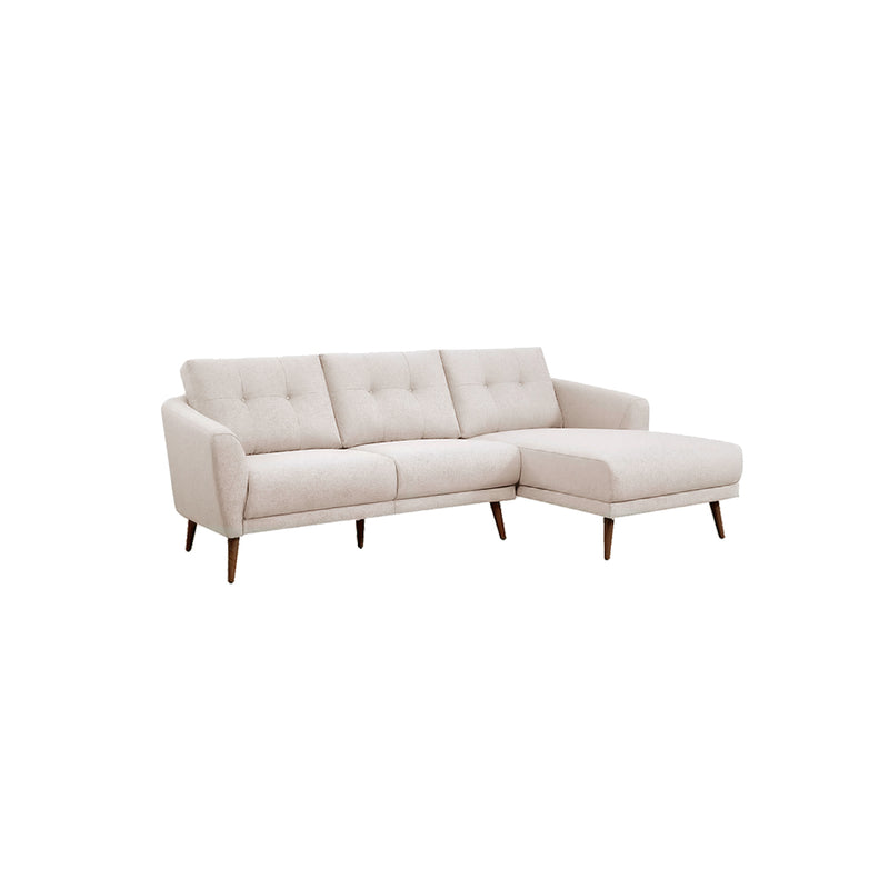 SOFA SECCIONAL ESTACIONARIO EN TELA BEIGE Y PATAS MARRONES