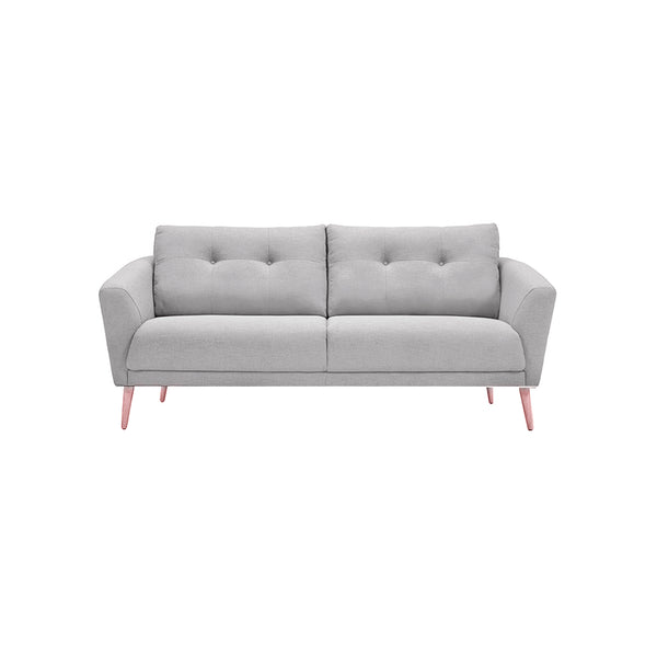 SOFA ESTACIONARIO DE TRES ASIENTOS EN TELA GRIS Y PATAS ACABADO DE MADERA NATURAL
