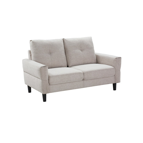 SOFA ESTACIONARIO DE 2 ASIENTOS EN TELA BEIGE Y PATAS NEGRAS