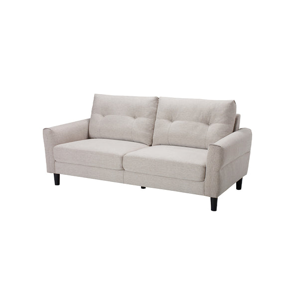 SOFA ESTACIONARIO DE 3 ASIENTOS EN TELA BEIGE Y PATAS NEGRAS