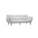 SOFA ESTACIONARIO DE TRES ASIENTOS EN TELA BEIGE Y PATAS ACABADO DE MADERA