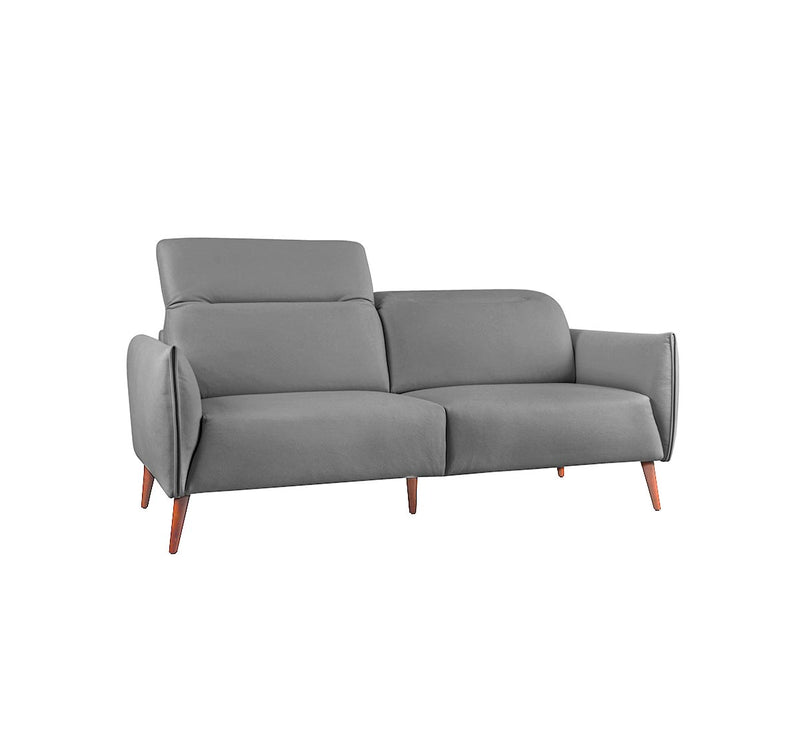 SOFA ESTACIONARIO DE TRES ASIENTOS EN TELA GRIS Y PATAS MARRONES
