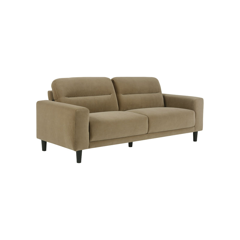 SOFA ESTACIONARIO DE 3 ASIENTOS EN TELA MARRON Y PATAS NEGRAS