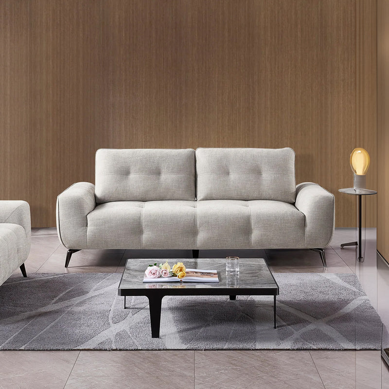 SOFA ESTACIONARIO DE DOS ASIENTOS EN TELA GRIS Y PATAS CROMADAS