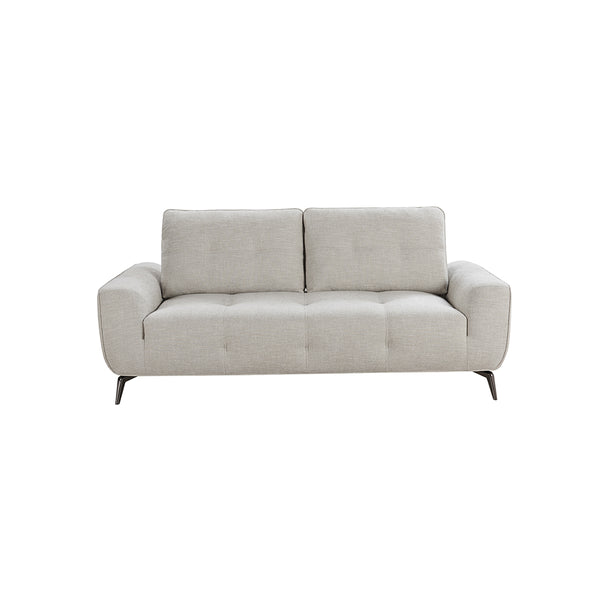 SOFA ESTACIONARIO DE DOS ASIENTOS EN TELA GRIS Y PATAS CROMADAS