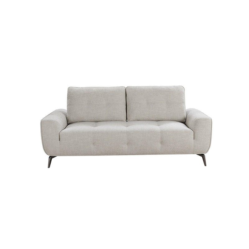 SOFA ESTACIONARIO DE DOS ASIENTOS EN TELA GRIS Y PATAS CROMADAS