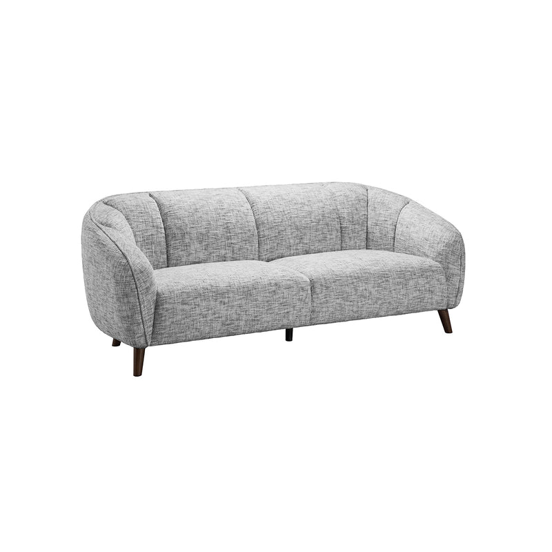 SOFA ESTACIONARIO DE TRES ASIENTOS EN TELA GRIS Y PATAS MARRONES