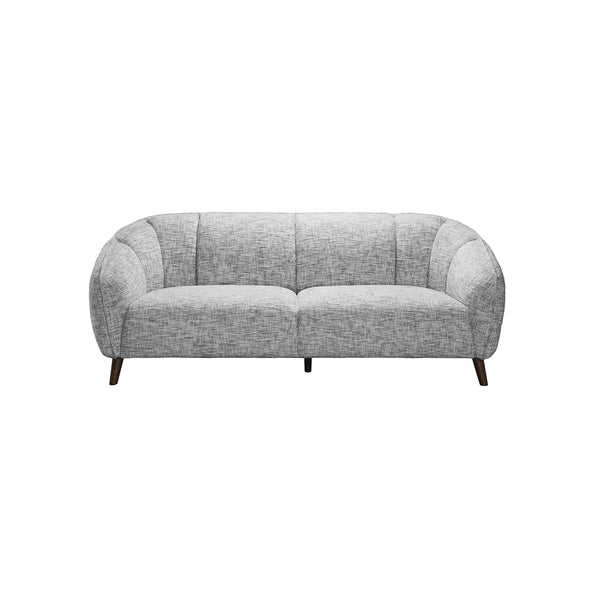 SOFA ESTACIONARIO DE TRES ASIENTOS EN TELA GRIS Y PATAS MARRONES