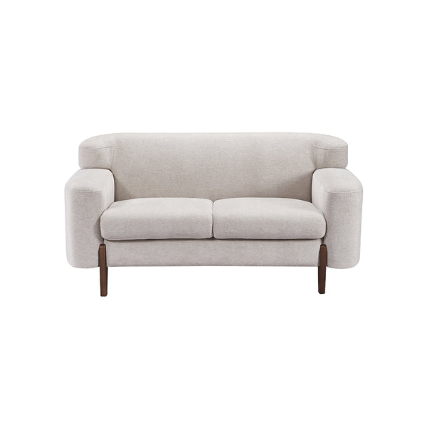 SOFA ESTACIONARIO EN TELA BEIGE Y PATAS MARRONES