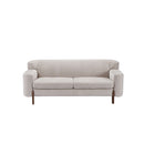 SOFA ESTACIONARIO DE TRES ASIENTOS EN TELA BEIGE Y PATAS MARRONES