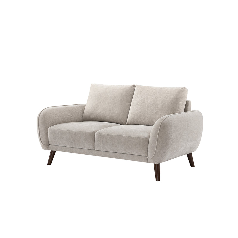 SOFA ESTACIONARIO DE 2 ASIENTOS EN TELA BEIGE Y PATAS MADERA MARRON