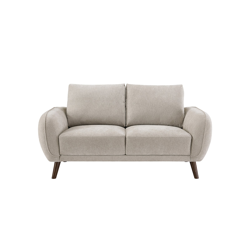 SOFA ESTACIONARIO DE 2 ASIENTOS EN TELA BEIGE Y PATAS MADERA MARRON
