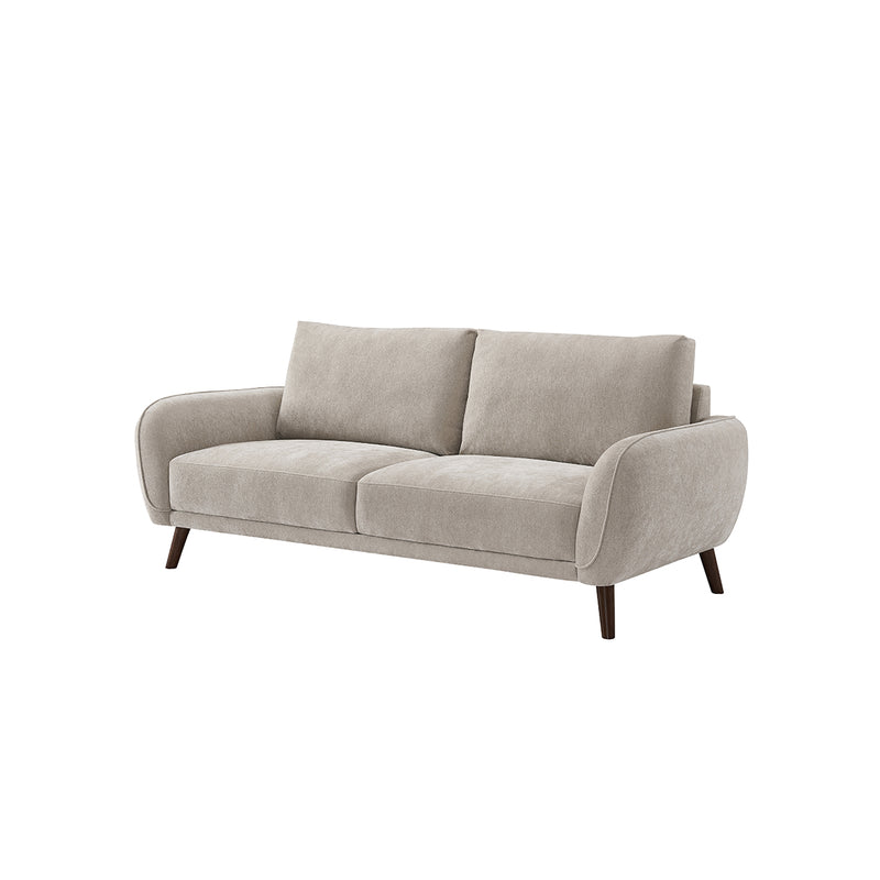 SOFA ESTACIONARIO DE 3 ASIENTOS EN TELA BEIGE Y PATAS MADERA MARRON
