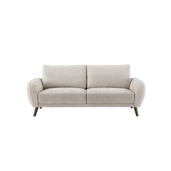 SOFA ESTACIONARIO DE 3 ASIENTOS EN TELA BEIGE Y PATAS MADERA MARRON