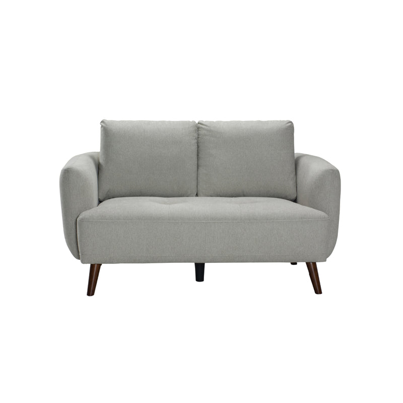 SOFA ESTACIONARIO DE DOS ASIENTOS EN TELA GRIS Y PATAS MARRONES