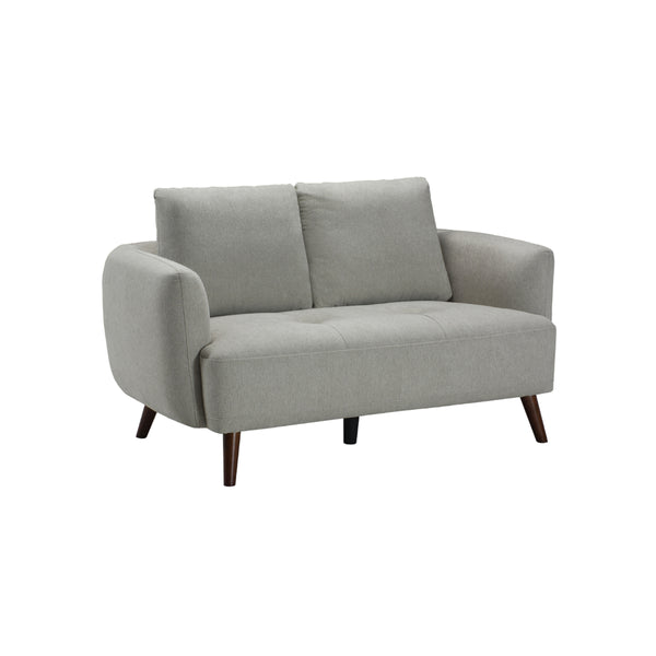 SOFA ESTACIONARIO DE DOS ASIENTOS EN TELA GRIS Y PATAS MARRONES