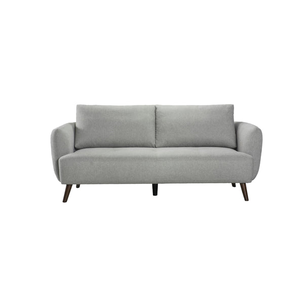 SOFA ESTACIONARIO DE TRES ASIENTOS EN TELA GRIS Y PATAS MARRONES