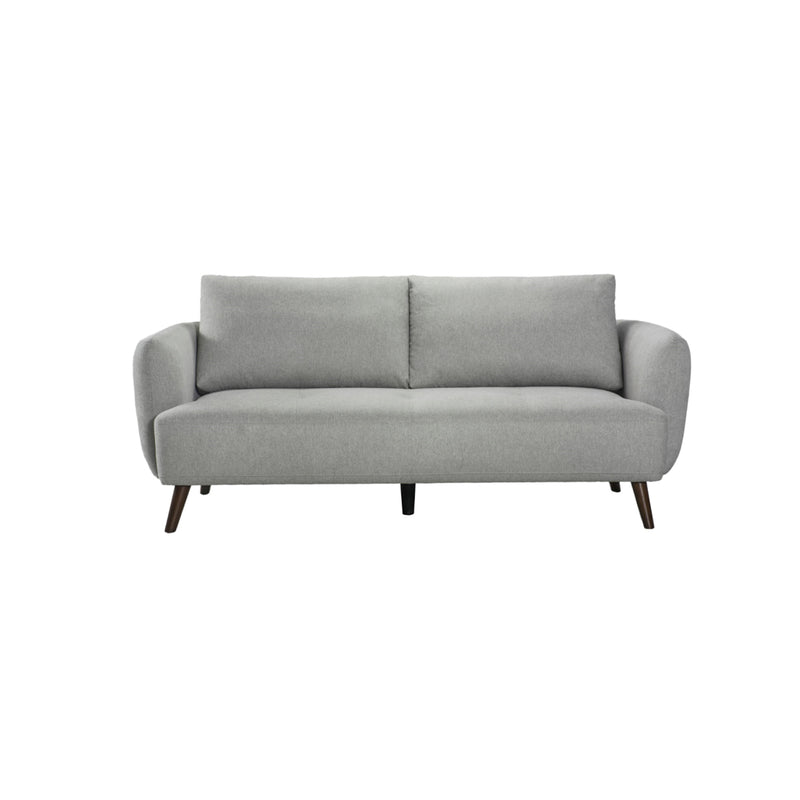 SOFA ESTACIONARIO DE TRES ASIENTOS EN TELA GRIS Y PATAS MARRONES
