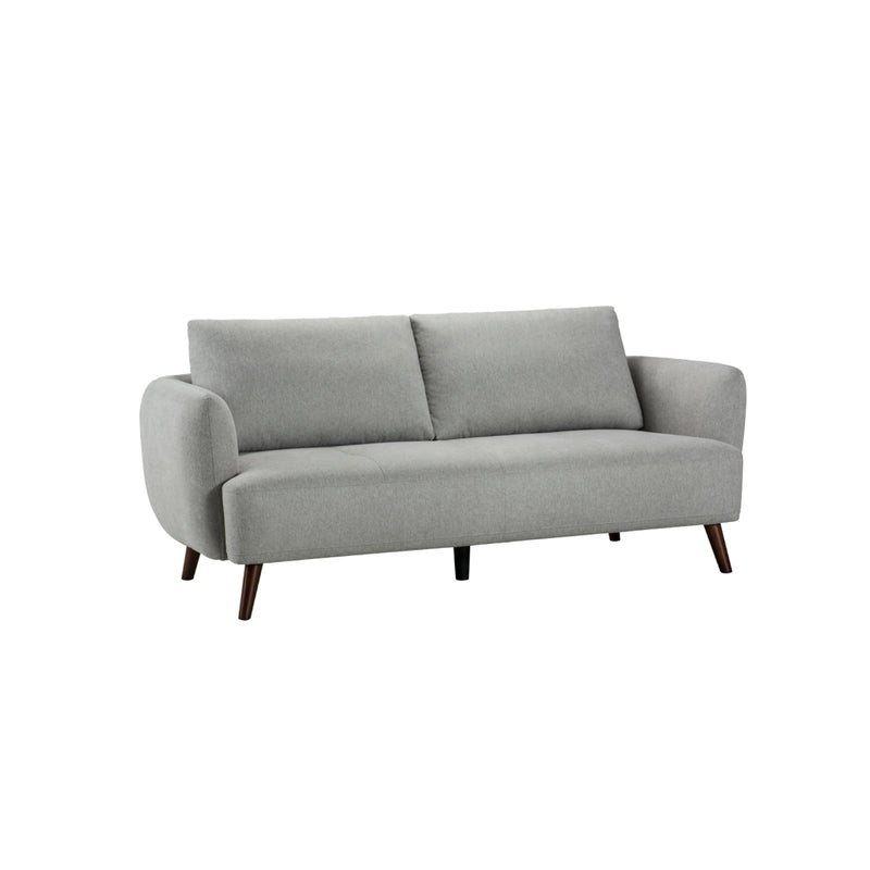 SOFA ESTACIONARIO DE TRES ASIENTOS EN TELA GRIS Y PATAS MARRONES
