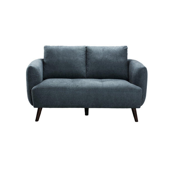 SOFA ESTACIONARIO DE DOS ASIENTOS  EN TELA AZUL Y  PATAS MARRONES