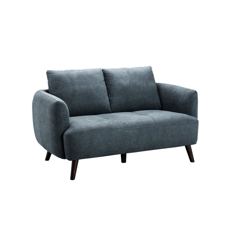 SOFA ESTACIONARIO DE DOS ASIENTOS  EN TELA AZUL Y  PATAS MARRONES