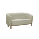 SOFA ESTACIONARIO DE DOS ASIENTOS EN TELA BEIGE Y PATAS ACABADO DE MADERA NATURAL