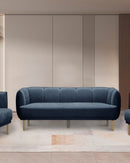 SOFA  ESTACIONARIO DE TRES ASIENTOS EN TELA AZUL Y PATAS NATURALES