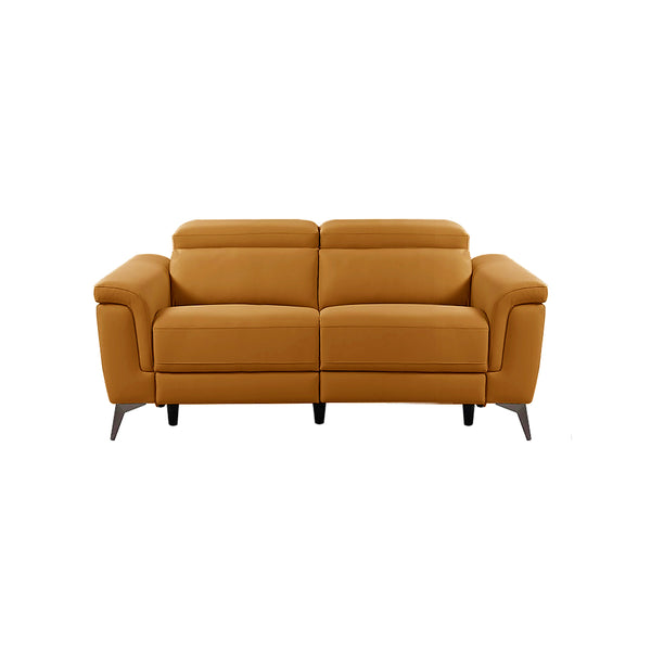 SOFA RECLINABLE ELECTRICO DE DOS ASIENTOS EN PIEL SINTETICA NARANJA Y PATAS CROMADAS