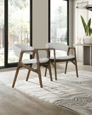 SILLA DE COMEDOR EN TELA GRIS Y PATAS ACABADO DE MADERA