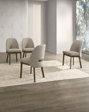 SILLA DE COMEDOR EN TELA TEXTURIZADA MARRON GRIS Y ACABADO DE MADERA