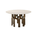 MESA DE COMEDOR TOPE DE MARMOL Y ACABADO DE MADERA